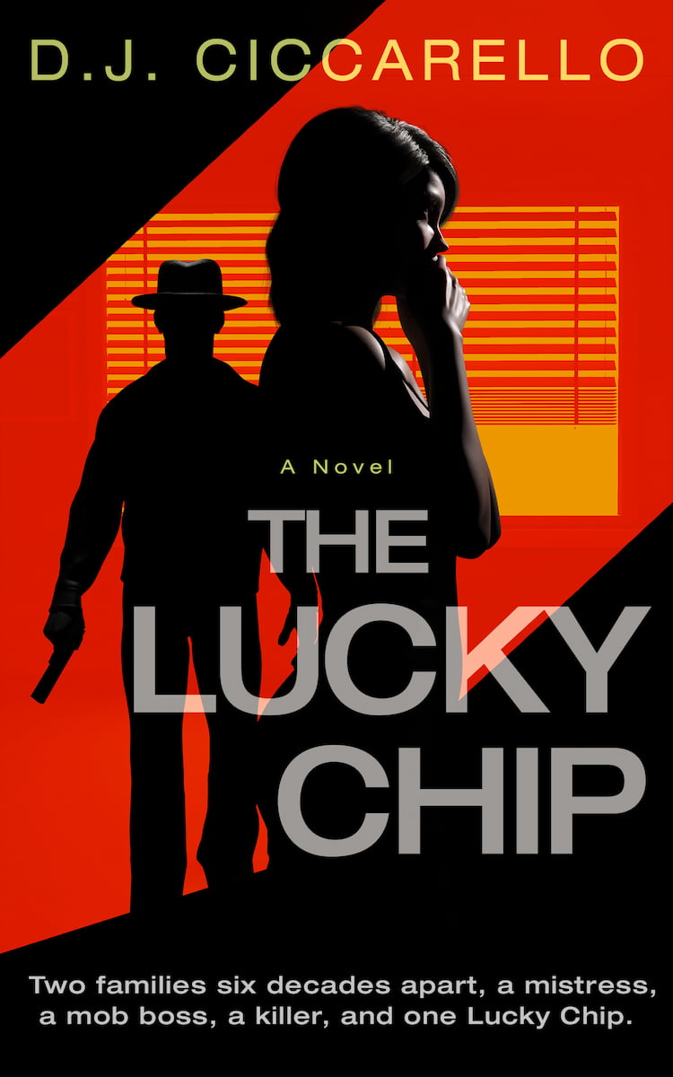 Book cover for The Lucky Chip - red and black background depicting a woman and man in shadow with the man holding a gun.