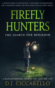 book cover for "Firefly Hunters" depicting a small boy in a dark field with a lantern