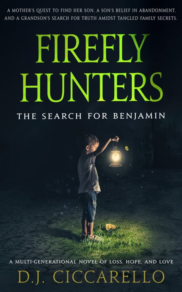 book cover for "Firefly Hunters" depicting a small boy in a dark field with a lantern