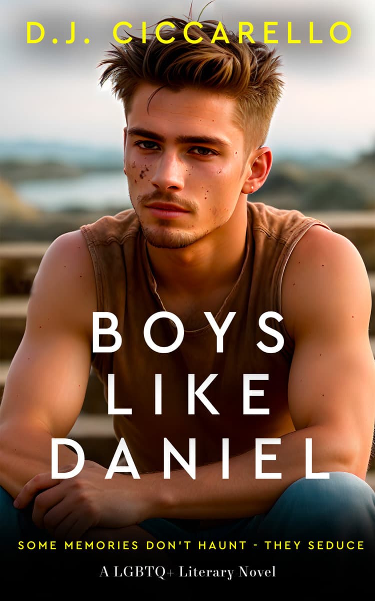 Cover for Boys Like Daniel book - image of a handsome young man sitting with arms folded across legs